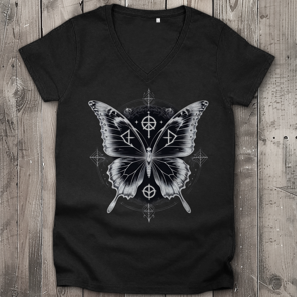 SACRED DARKNESS | Dark Butterfy Collection | Nebelmond Damen Premium Bio V-Neck T-Shirt