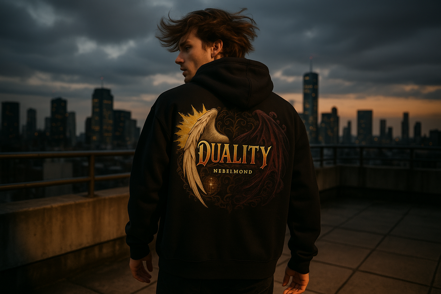 Angel & Demon Oversized Hoodie - Männliches Model Urban Rooftop