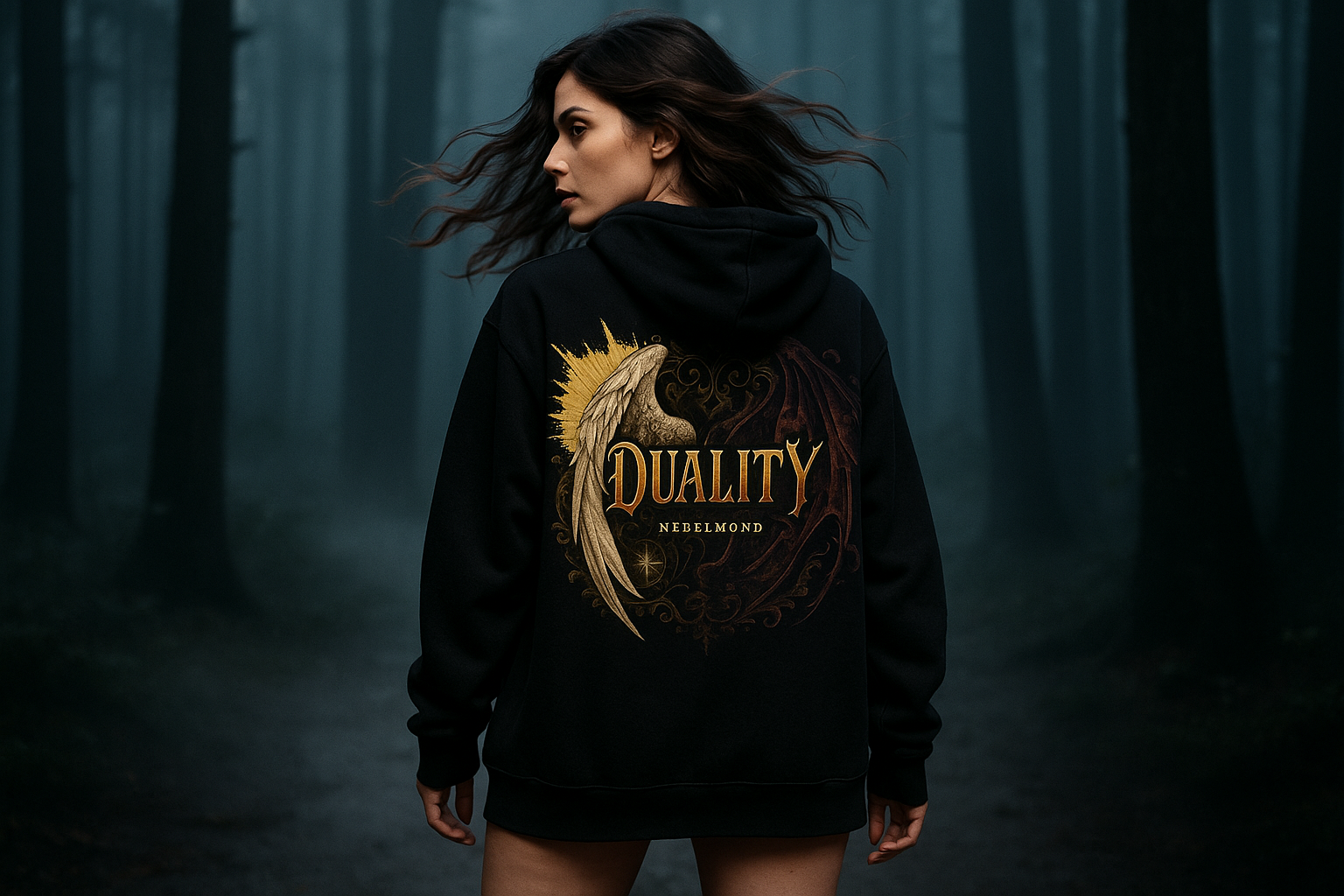 Angel & Demon Oversized Hoodie - Weibliches Model Mystical Forest
