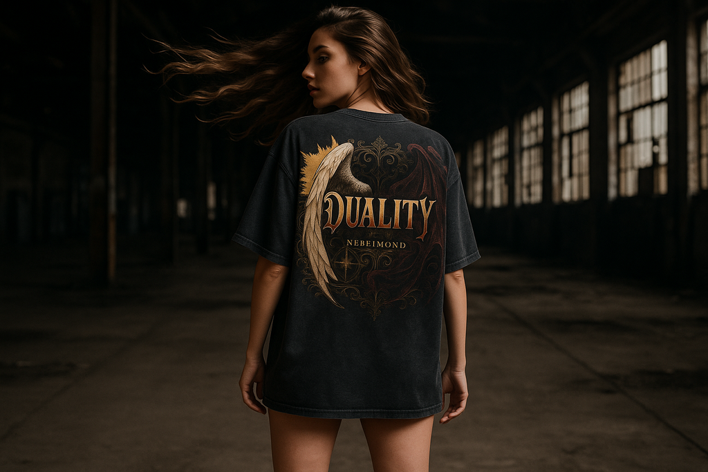 Angel & Demon Oversized Shirt - Weibliches Model Washed Black