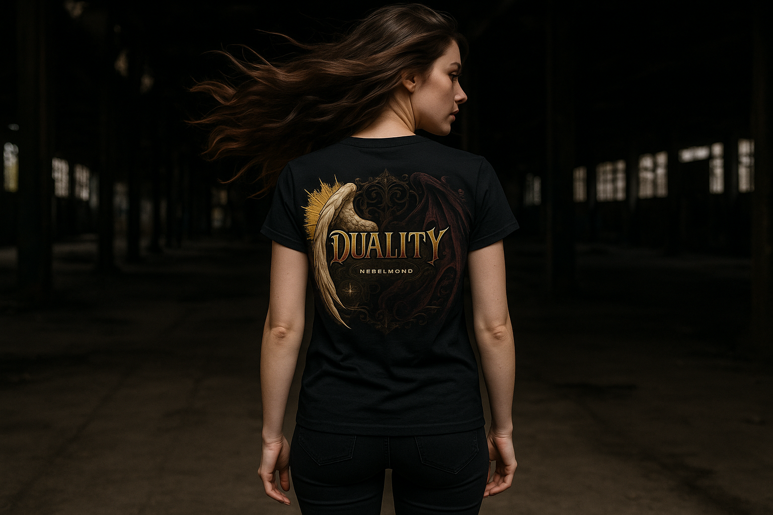 Angel & Demon Premium T-Shirt - Weibliches Model Rückansicht