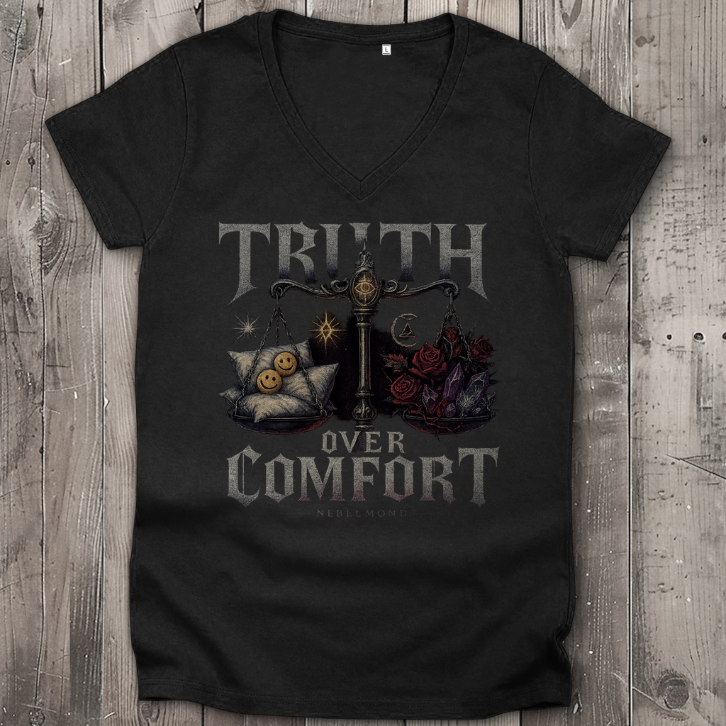 Truth over Comfort | Dark Commerce Collection | Nebelmond Damen Premium Bio V-Neck T-Shirt