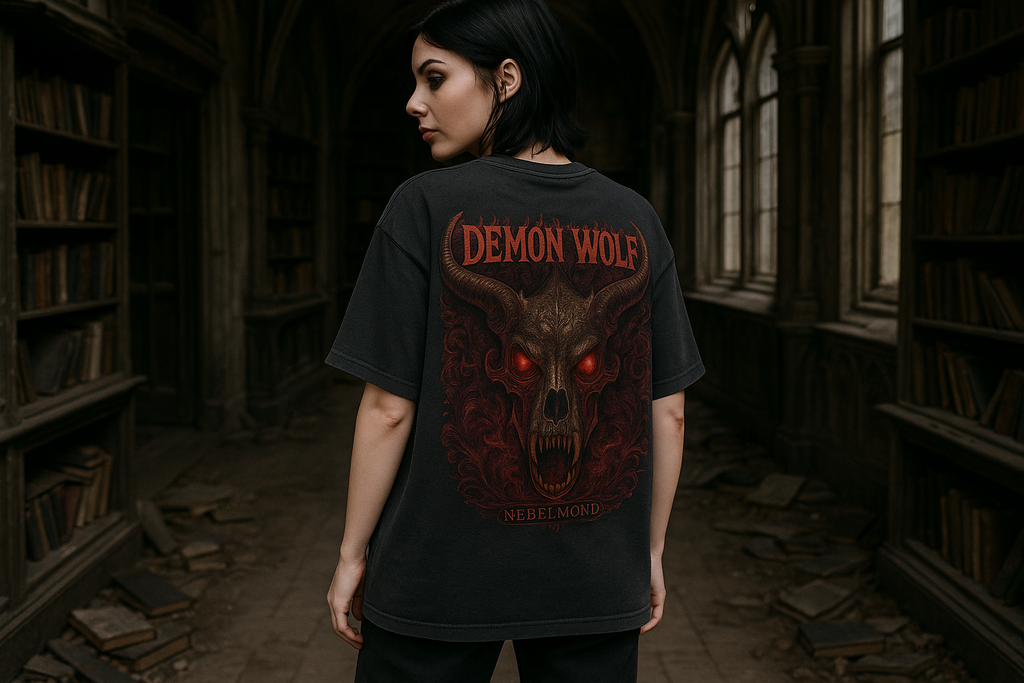 Demon Wolf Oversized Shirt Mockup - Washed Black