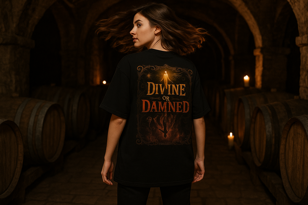 Divine or Damned Oversized Shirt - Weibliches Model Black Wine Cellar