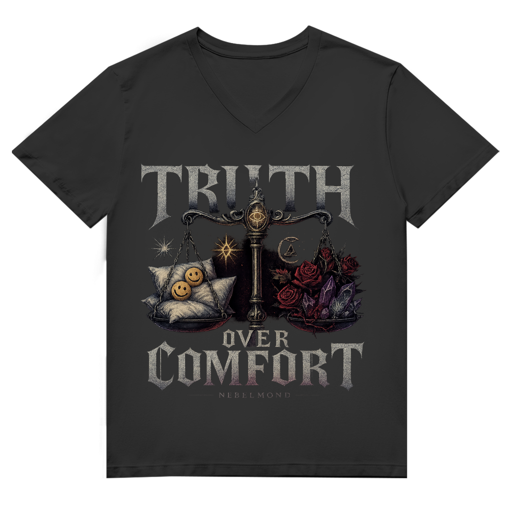 Truth over Comfort | Dark Commerce Collection | Nebelmond Herren Premium Bio V-Neck T-Shirt