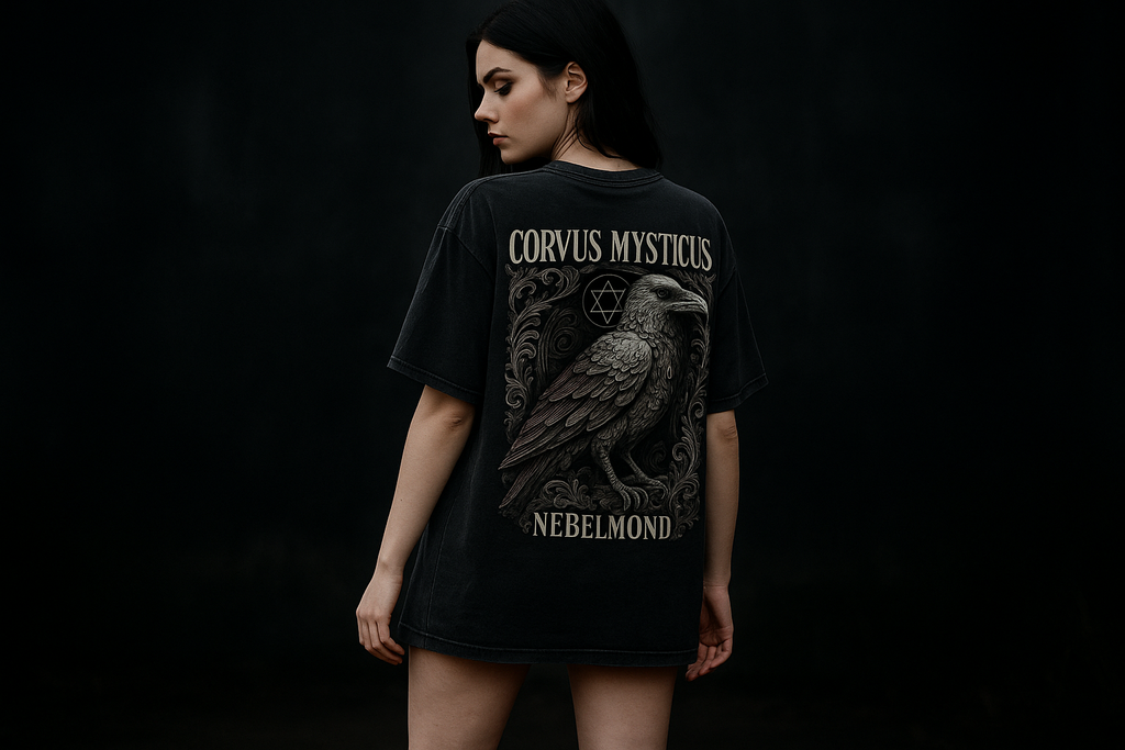 Frau Mockup Corvus Mysticus Oversized Shirt Washed Black