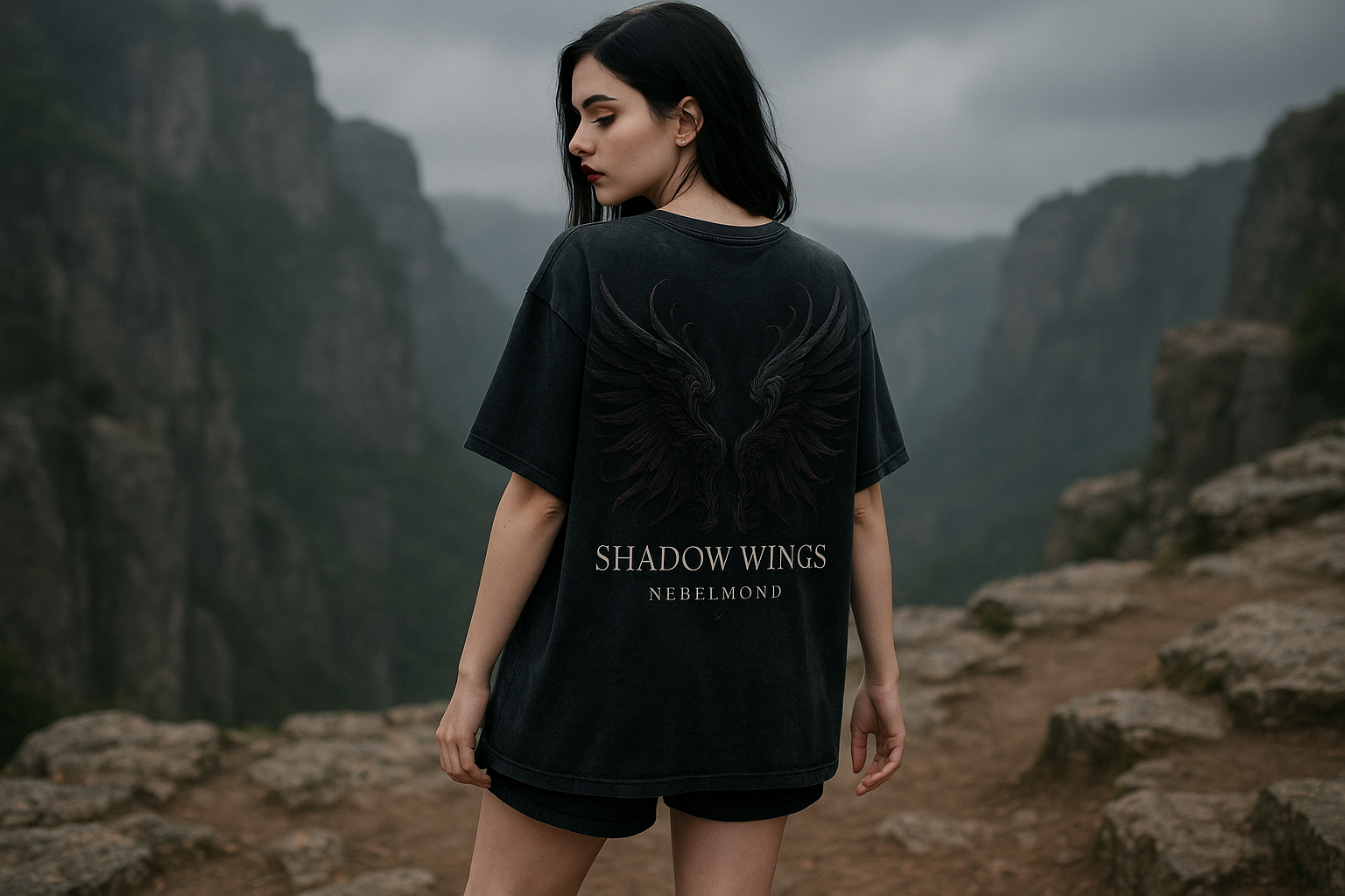 Frau Mockup Shadow Wings Oversized Shirt Washed Black - Korrekt