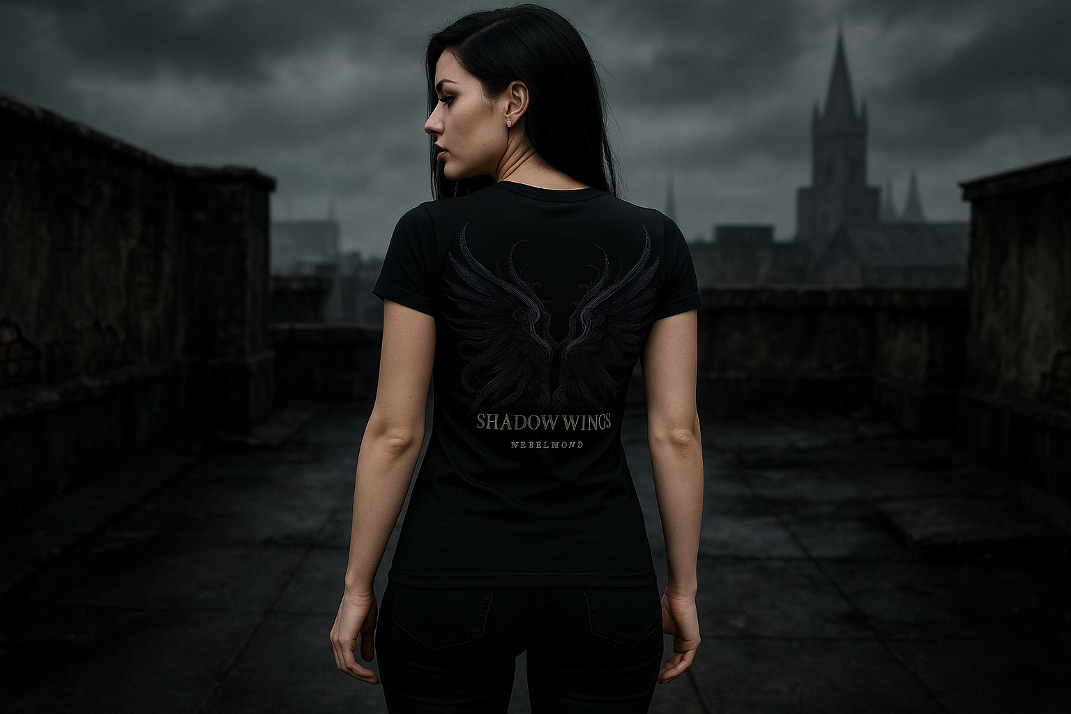 Frau Mockup Shadow Wings Premium T-Shirt - Korrekt