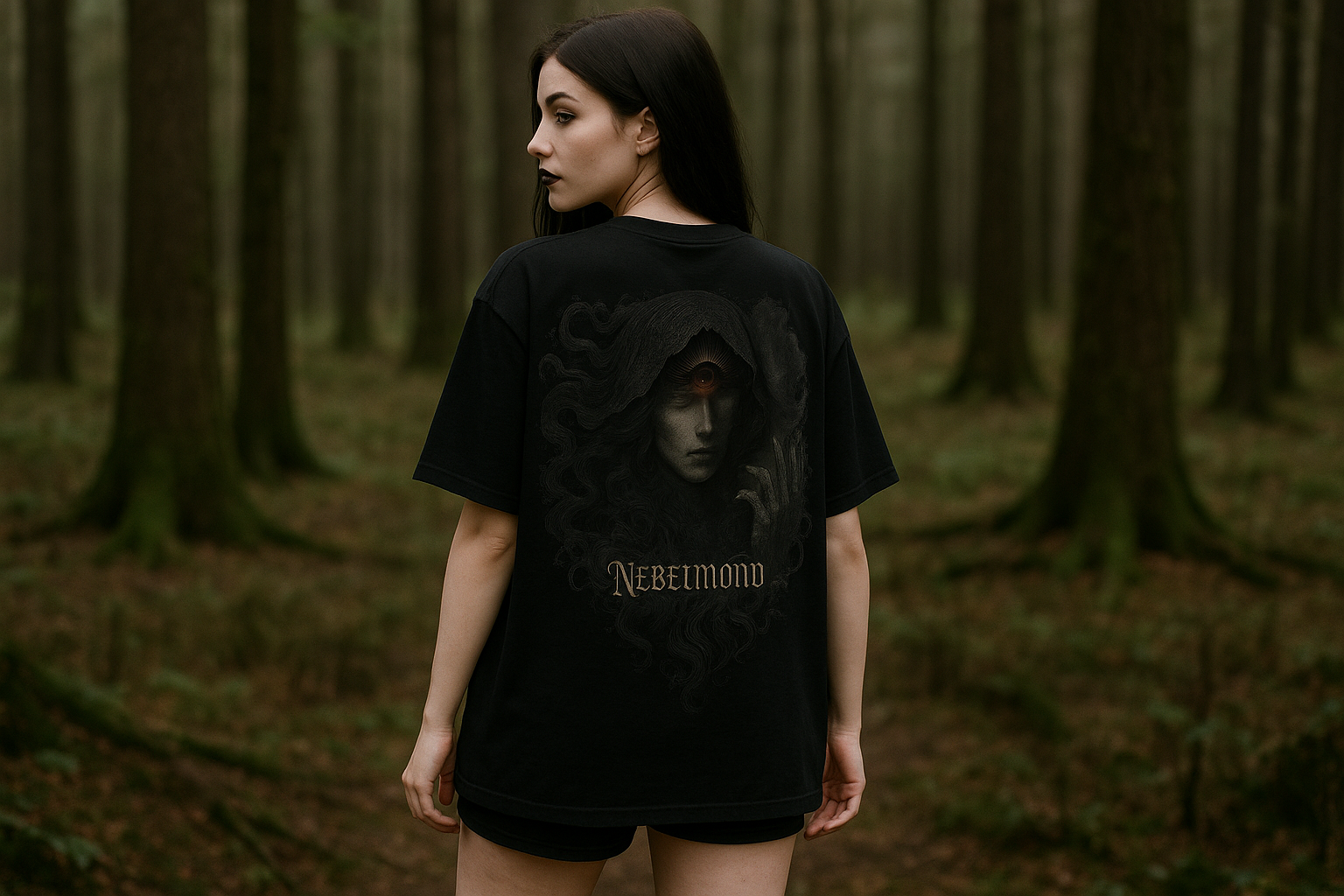 Frau Mockup Veil of Shadows Oversized Shirt neu