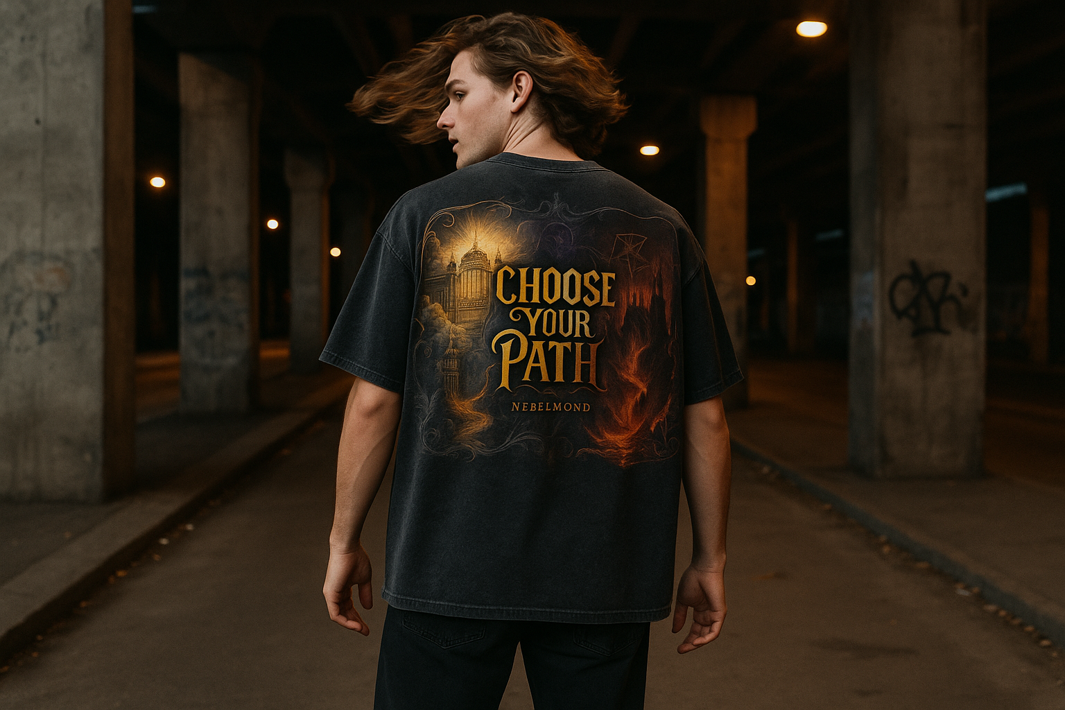 Heaven & Hell Oversized Shirt - Männliches Model Washed Black Bridge Underpass