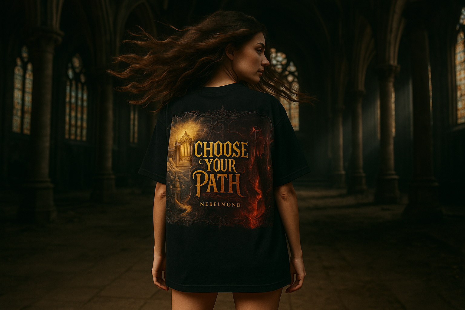 Heaven & Hell Oversized Shirt - Weibliches Model Black Gothic Church