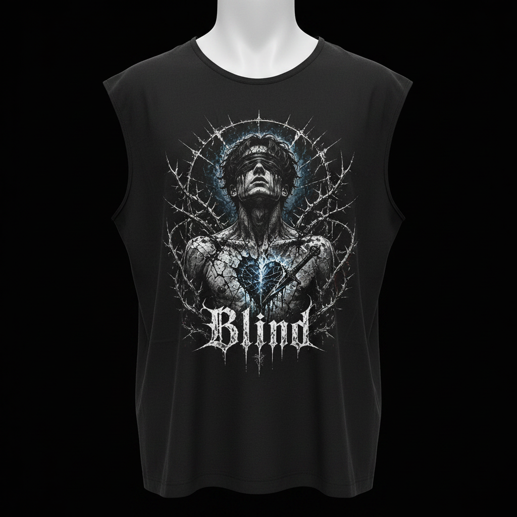 Blind Sleeveless Oversized Tee – Clean Product Shot auf schwarzem Hintergrund
