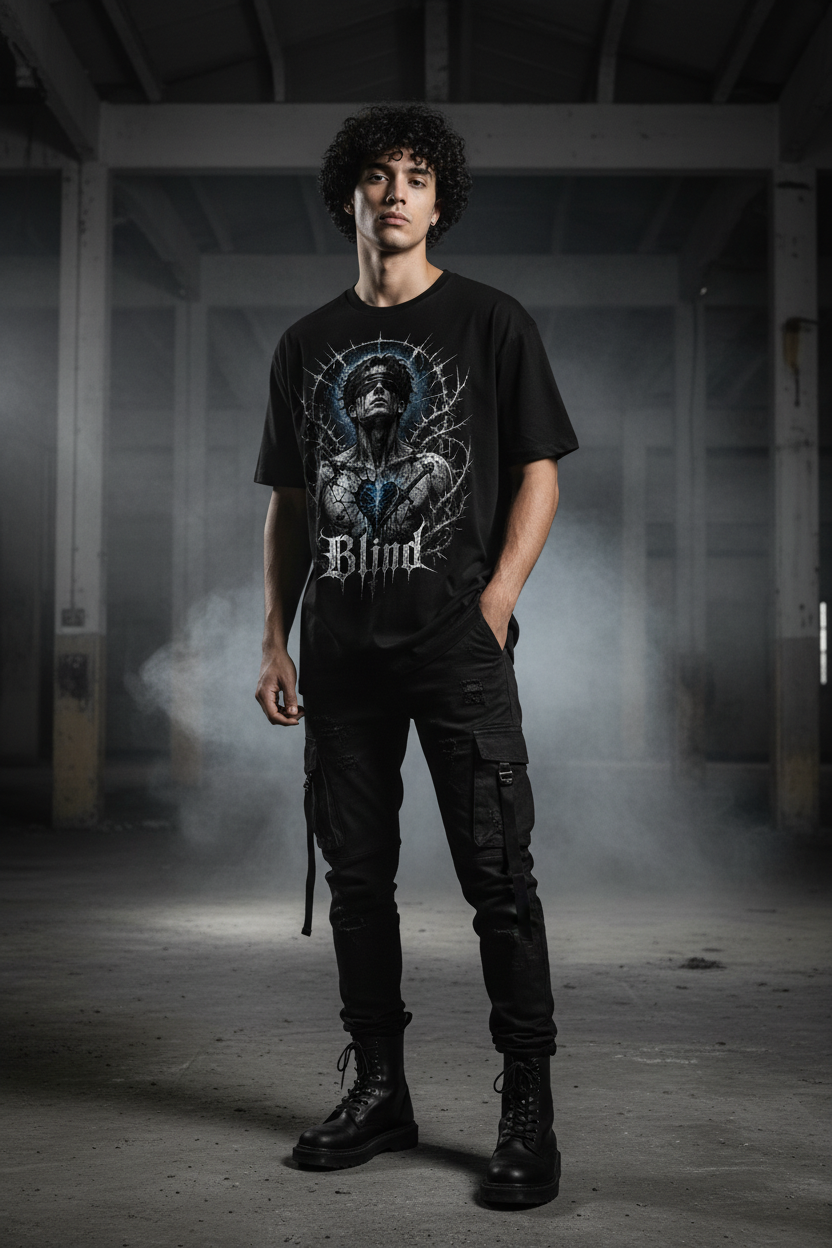 Blind Premium T-Shirt – Model in Industrial Warehouse, Gothic Streetwear