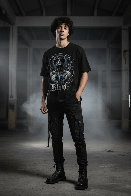 Blind Premium T-Shirt – Model in Industrial Warehouse, Gothic Streetwear