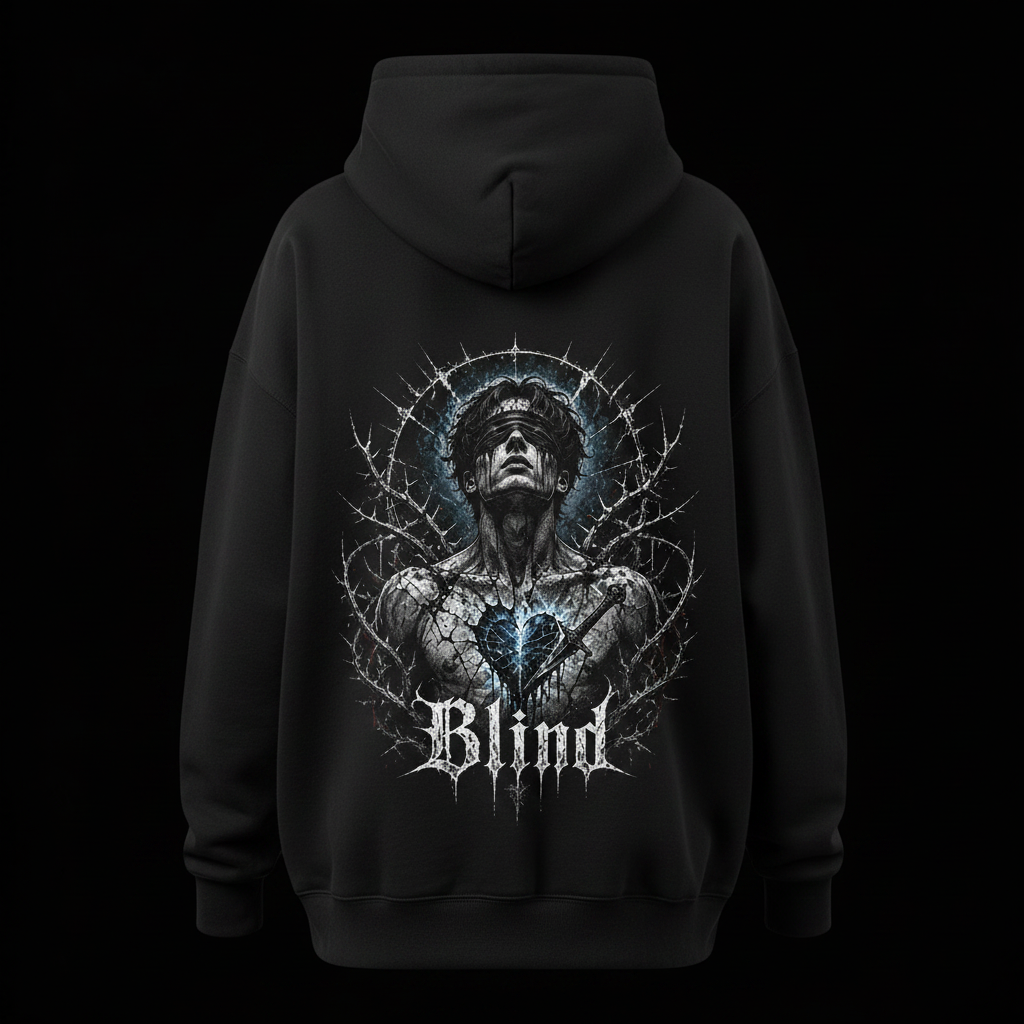 Blind Oversized Hoodie mit Backprint – Rückansicht auf schwarzem Hintergrund