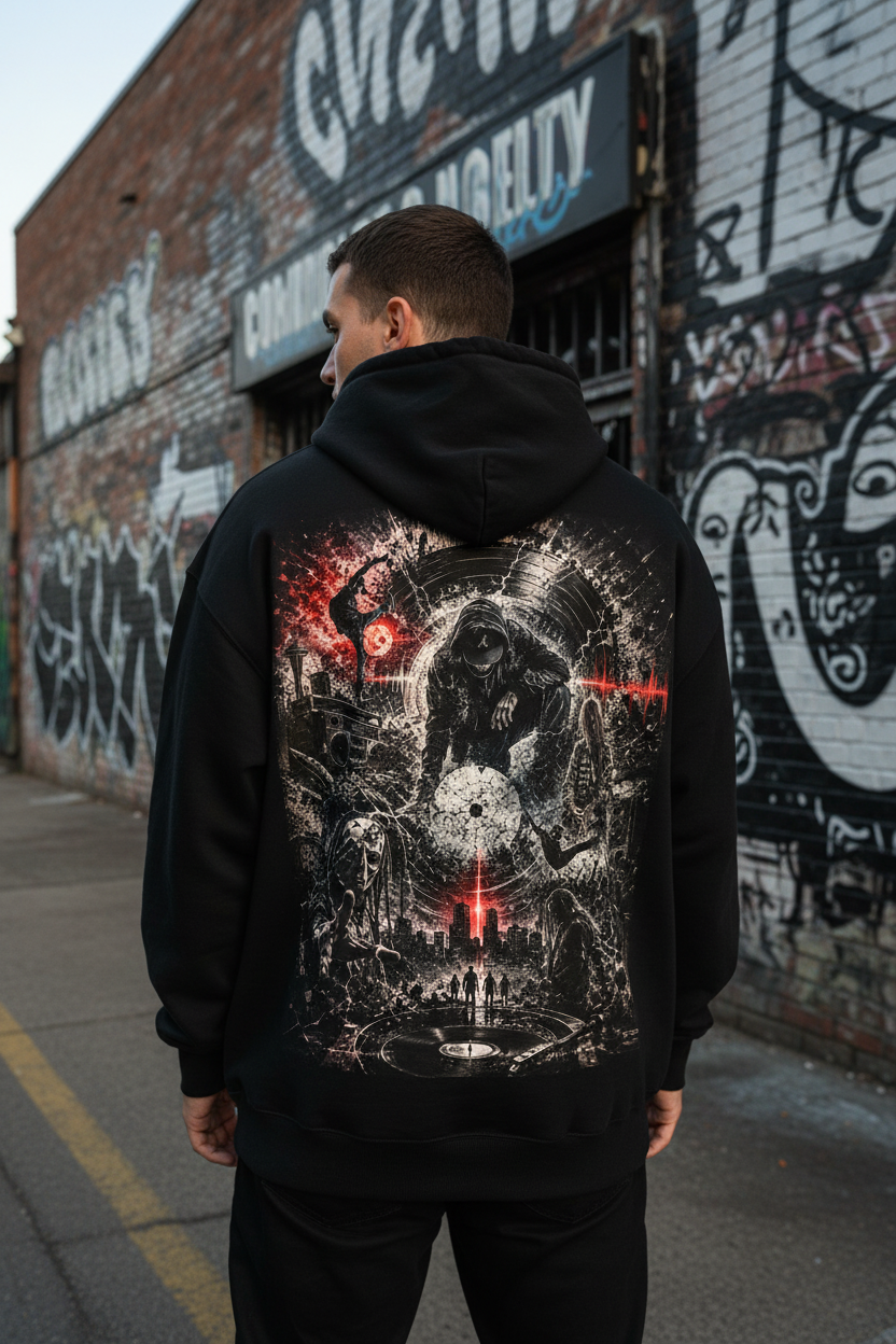 BORN IN THE STATIC – Oversized Zipper Hoodie Backprint Lifestyle | NEBELMOND
