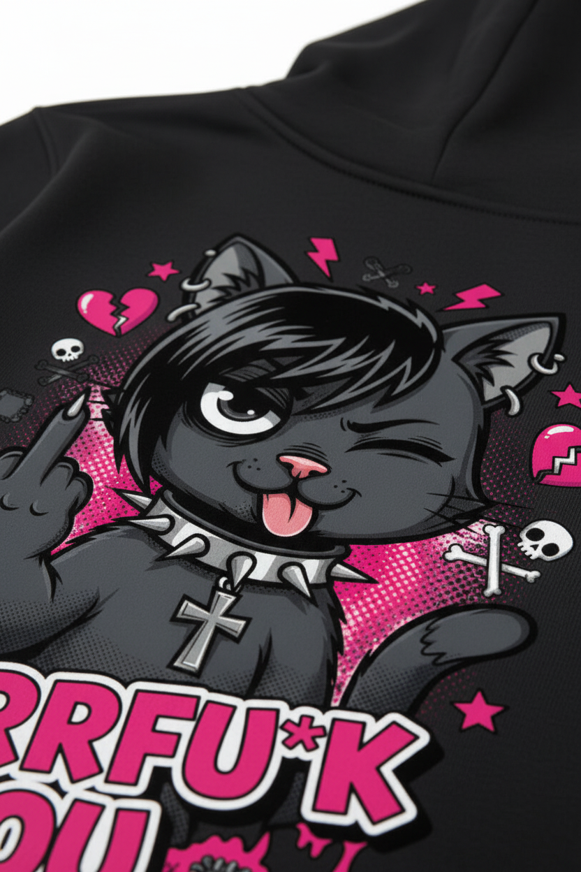 PURRFU*K YOU Premium Hoodie mit Backprint - Schwarz - Detail Rückseite