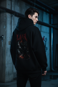 Liar Oversized Hoodie Backprint Lifestyle Model Dreiviertelprofil Dark Fashion