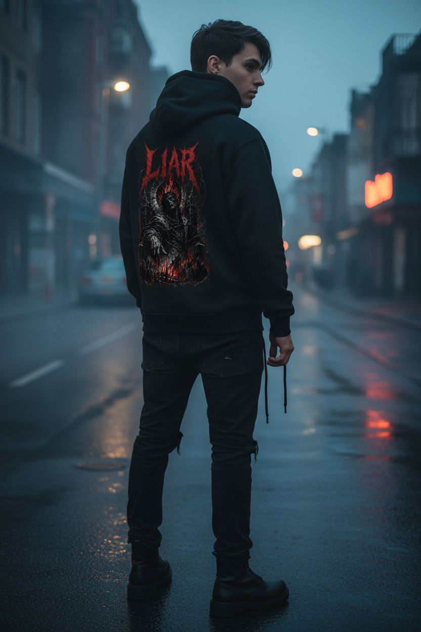 Liar Premium Hoodie Backprint Lifestyle Model Dreiviertelprofil Dark Fashion