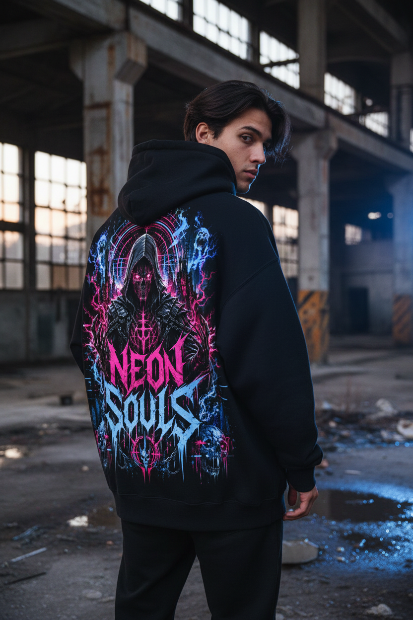 Neon Souls Oversized Hoodie – Lifestyle Rückansicht