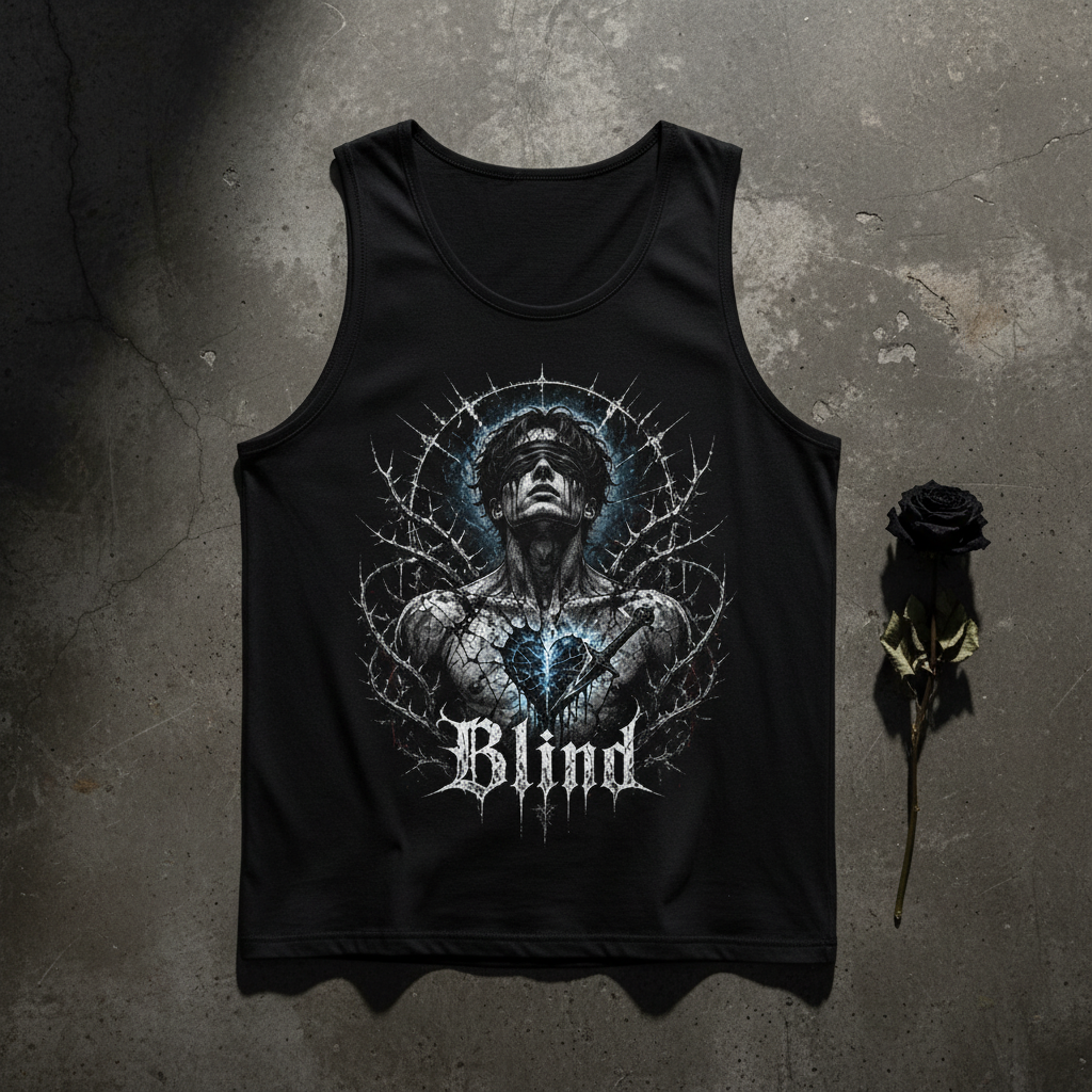 Blind Sleeveless Oversized Tee – Flat Lay auf dunklem Beton