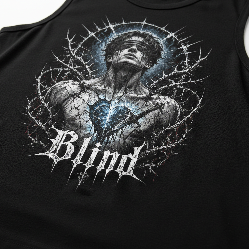 Blind Sleeveless Oversized Tee – DTG Print Detail, Fabric Texture