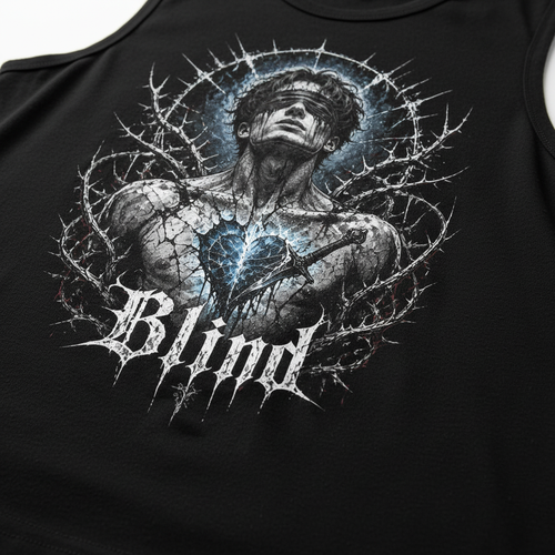 Blind Sleeveless Oversized Tee – DTG Print Detail, Fabric Texture