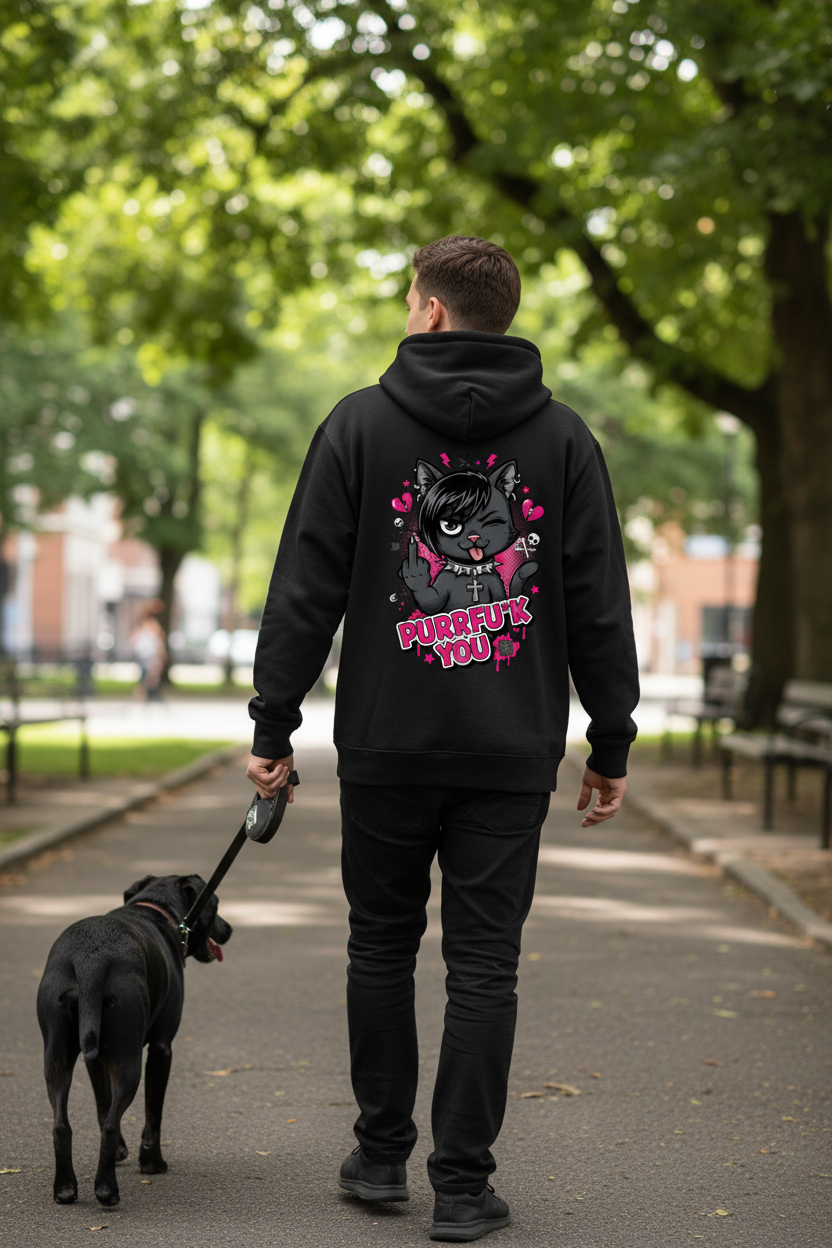 PURRFU*K YOU Premium Hoodie mit Backprint - Schwarz - Lifestyle Park Hund Rückansicht