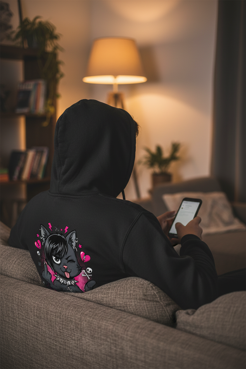 PURRFU*K YOU Premium Hoodie mit Backprint - Schwarz - Lifestyle Couch Rückansicht
