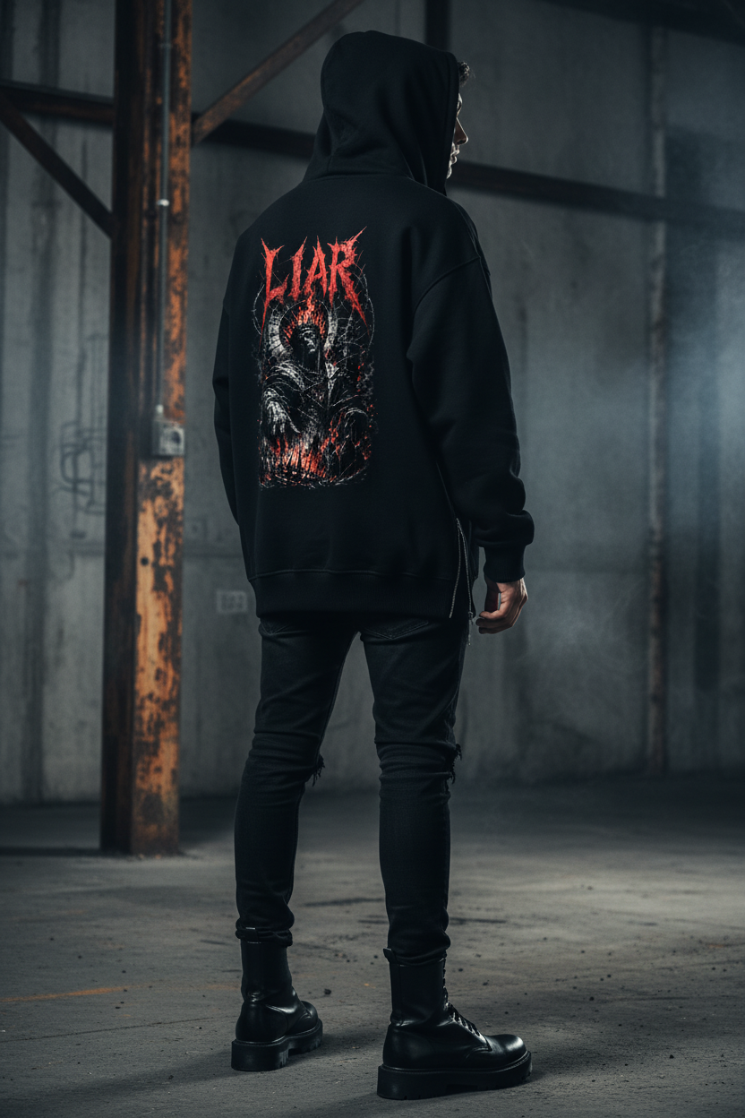 Liar Oversized Zipper Hoodie Backprint Lifestyle Model Rückansicht Dark Fashion