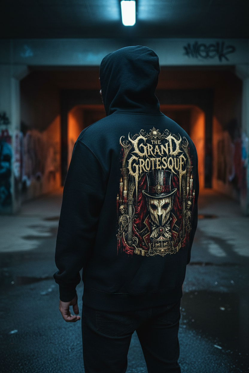The Grand Grotesque Backprint – Premium Hoodie Lifestyle
