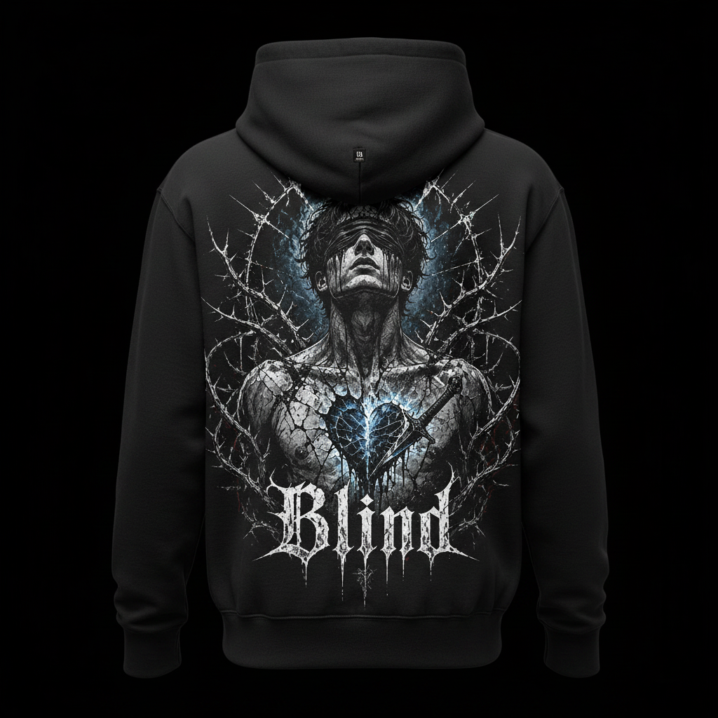 Blind Premium Hoodie mit Backprint – Rückansicht auf schwarzem Hintergrund