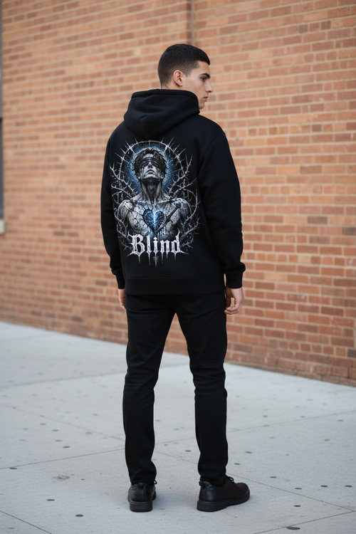 Blind Premium Hoodie – Model urban, Backprint sichtbar