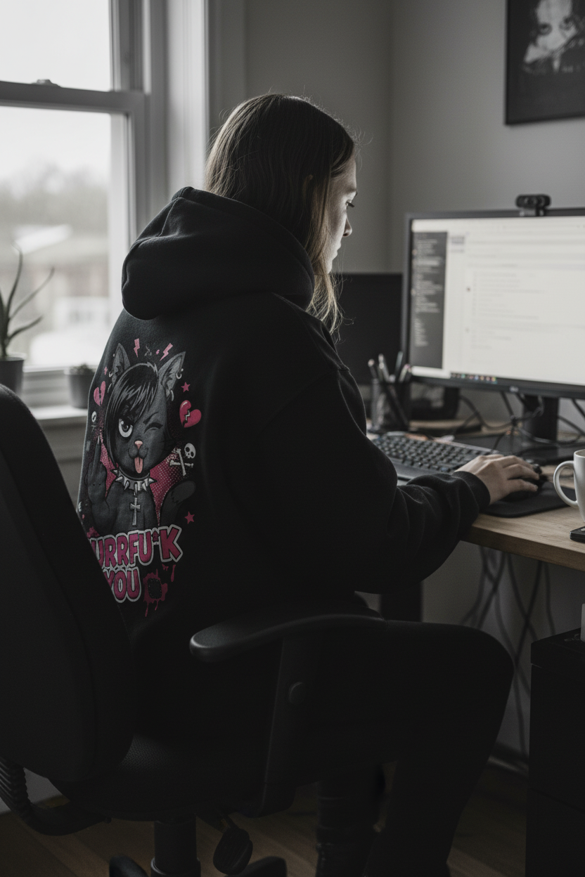 PURRFU*K YOU Oversized Hoodie mit Backprint - Schwarz - Lifestyle Home Office Rückansicht