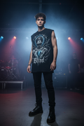Blind Sleeveless Oversized Tee – Model in Underground Venue, Gothic Metal