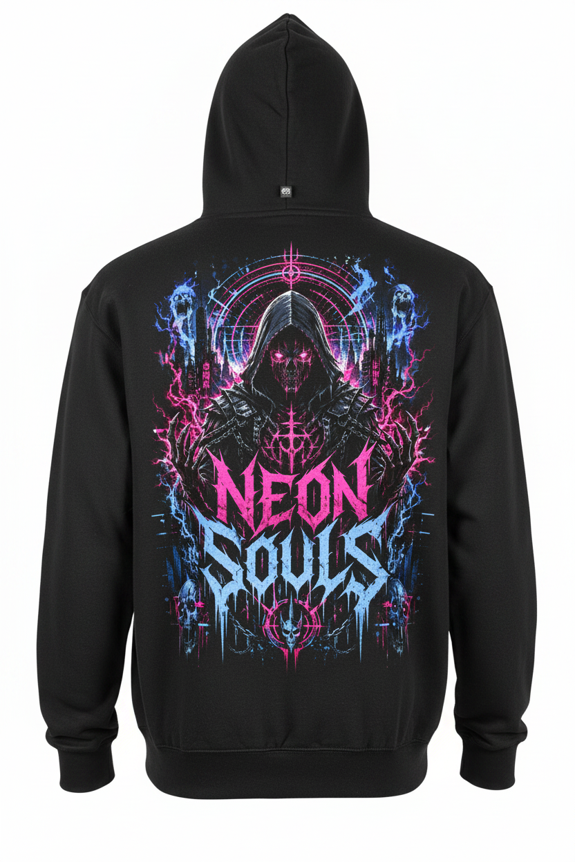 Neon Souls Premium Hoodie – Hauptbild Rückansicht Studio