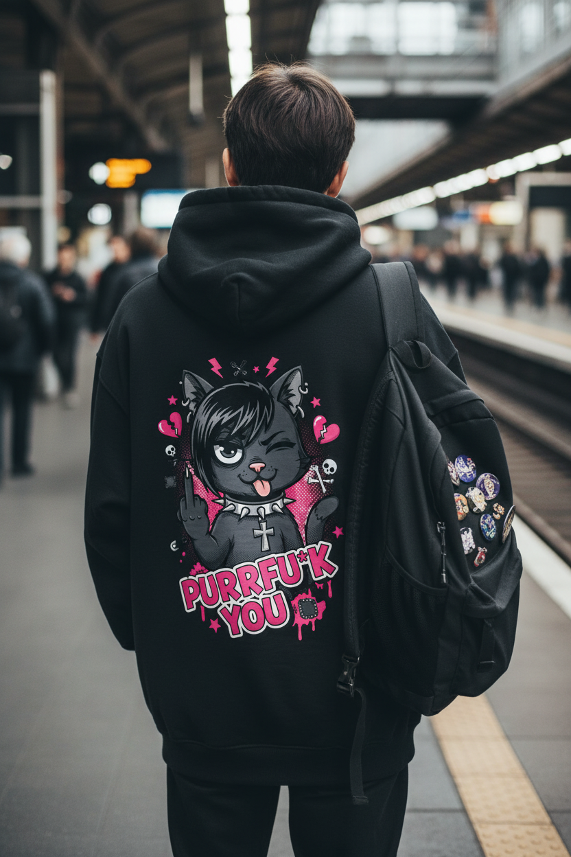 PURRFU*K YOU Oversized Hoodie mit Backprint - Schwarz - Lifestyle Bahnhof Rückansicht