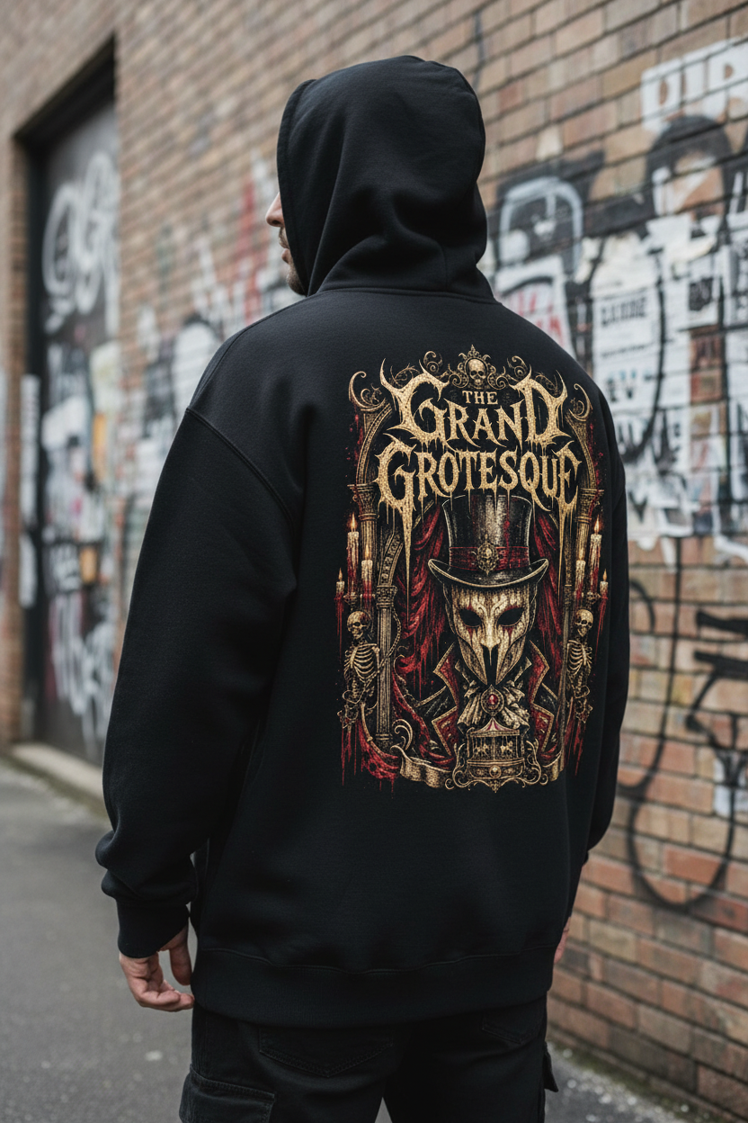 The Grand Grotesque Backprint – Oversized Zipper Hoodie Lifestyle