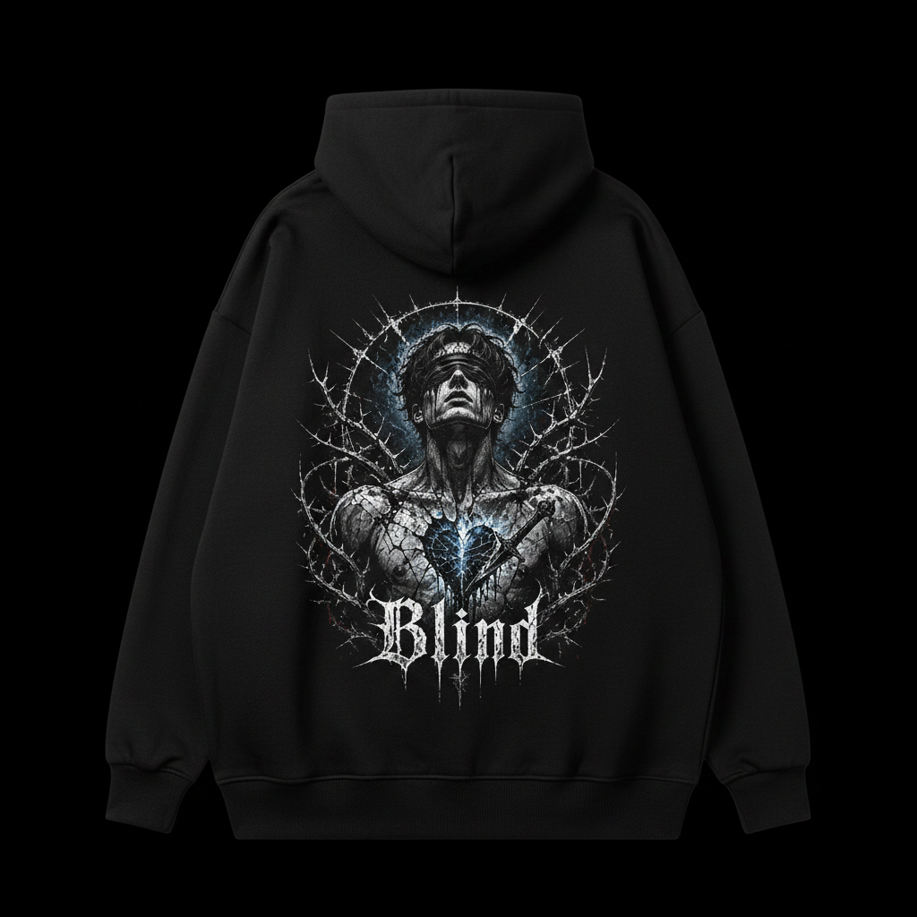 Blind Oversized Zipper Hoodie mit Backprint – Rückansicht auf schwarzem Hintergrund