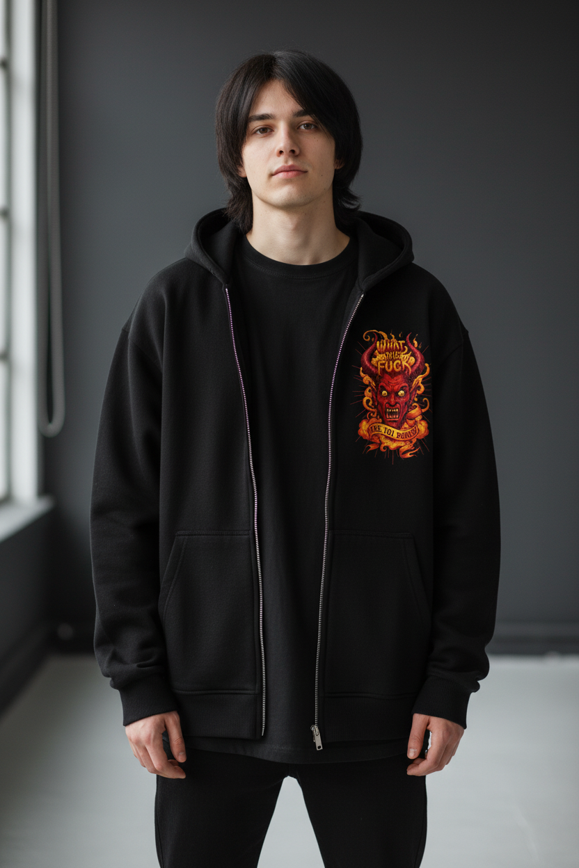 WTF Oversized Zipper Hoodie - Schwarz - Vorderseite