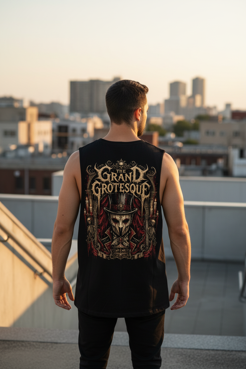 The Grand Grotesque Backprint – Sleeveless Oversized Tee Lifestyle