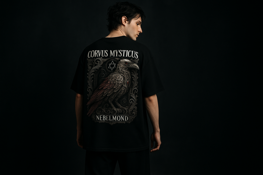 Mann Mockup Corvus Mysticus Oversized Shirt Black