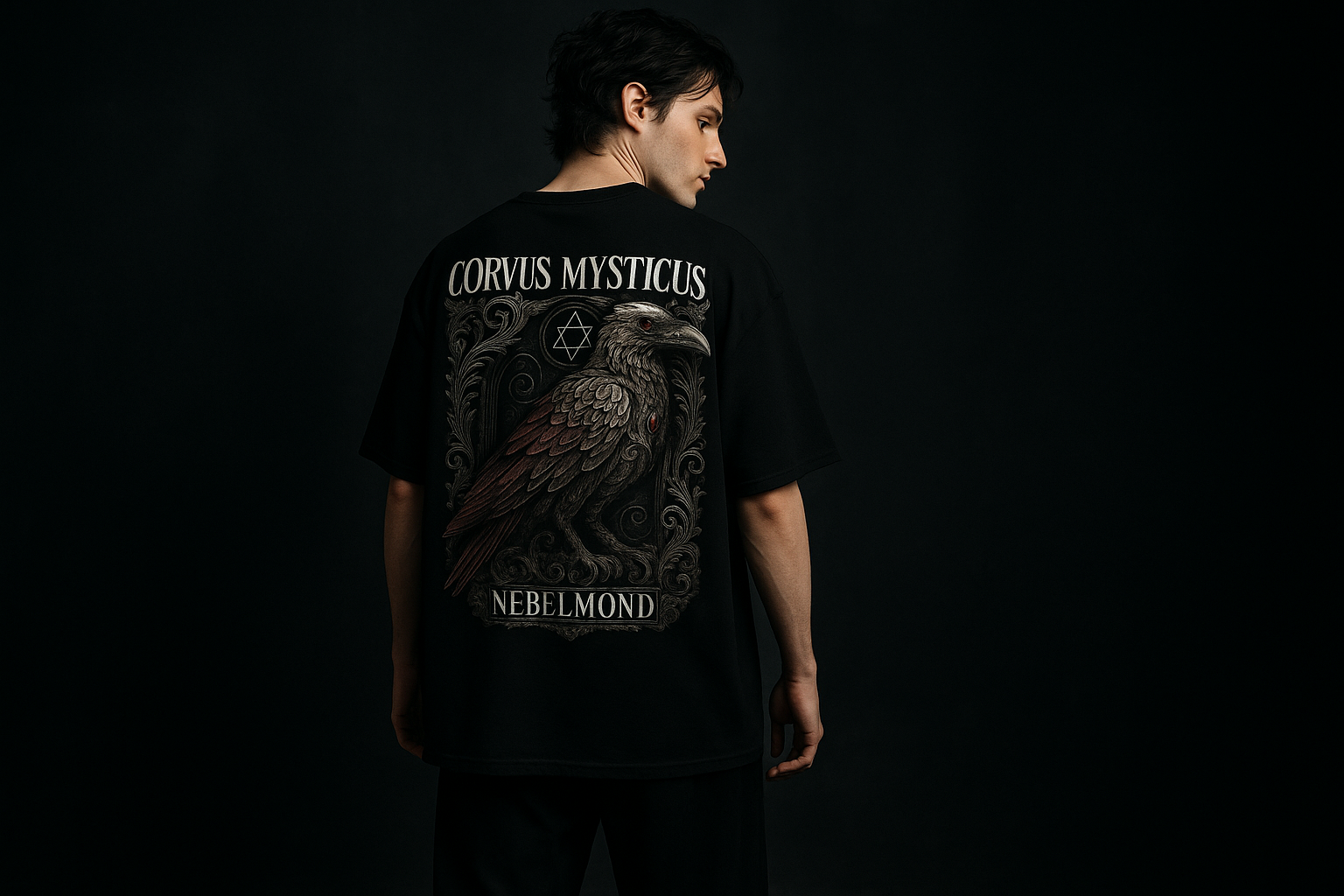 Mann Mockup Corvus Mysticus Oversized Shirt Black