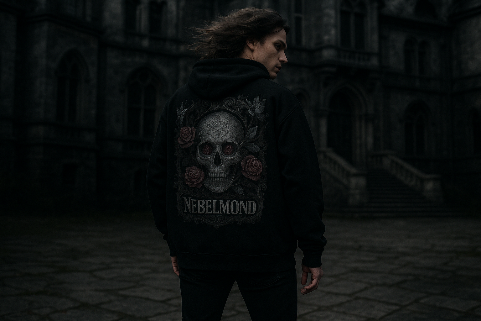 Mann Mockup Gothic Rose Skull Oversized Hoodie