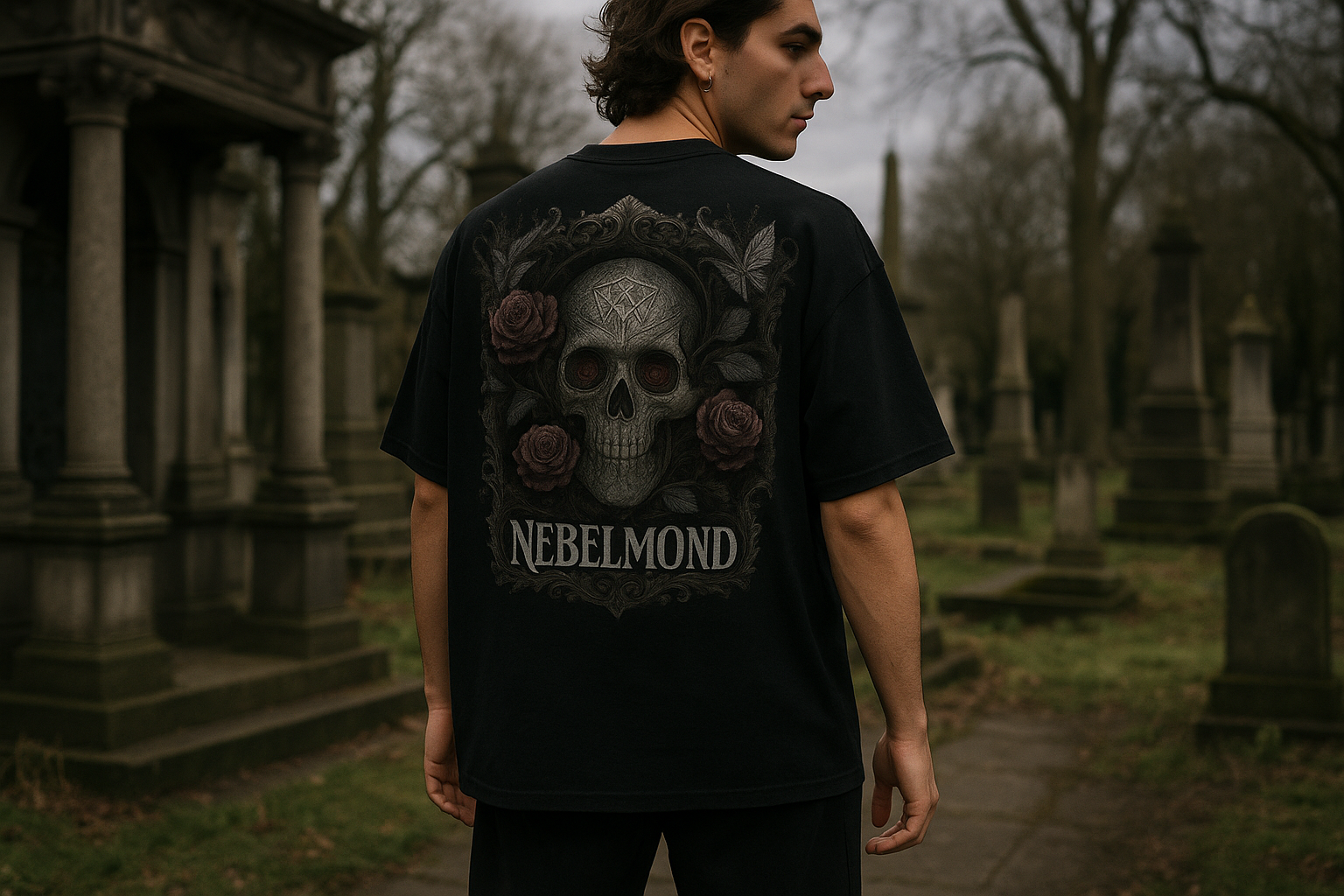 Mann Mockup Gothic Rose Skull Oversized Shirt Black