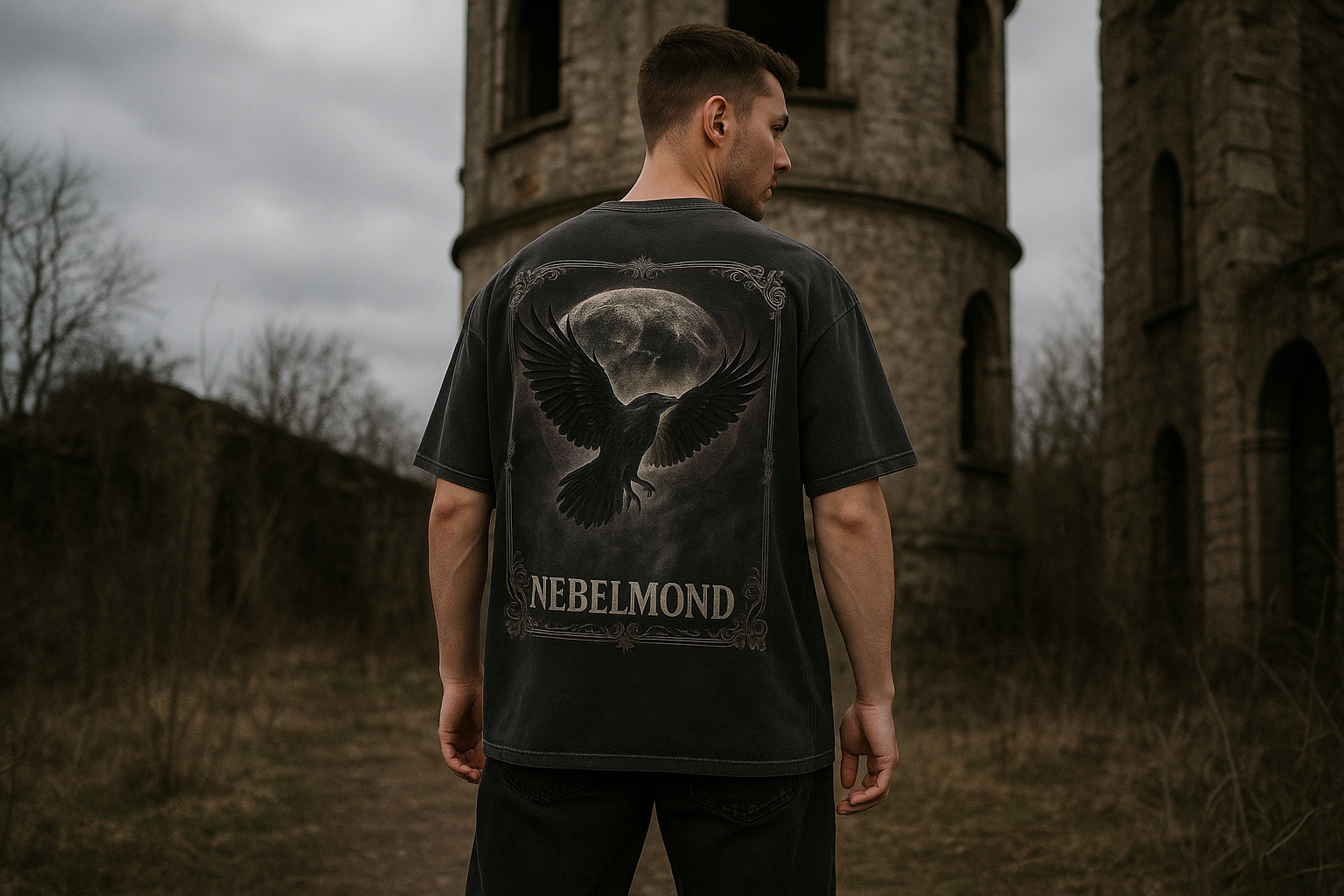 Mann Mockup Midnight Messenger Oversized Shirt Washed Black