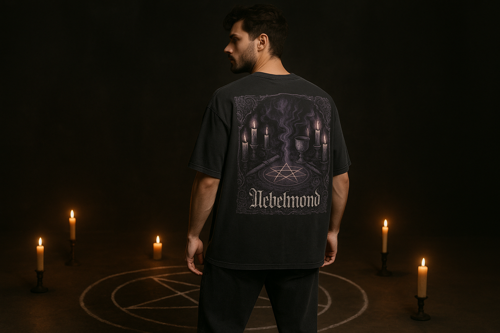 Mann Mockup Midnight Ritual Oversized Shirt Washed Black - Korrigiert