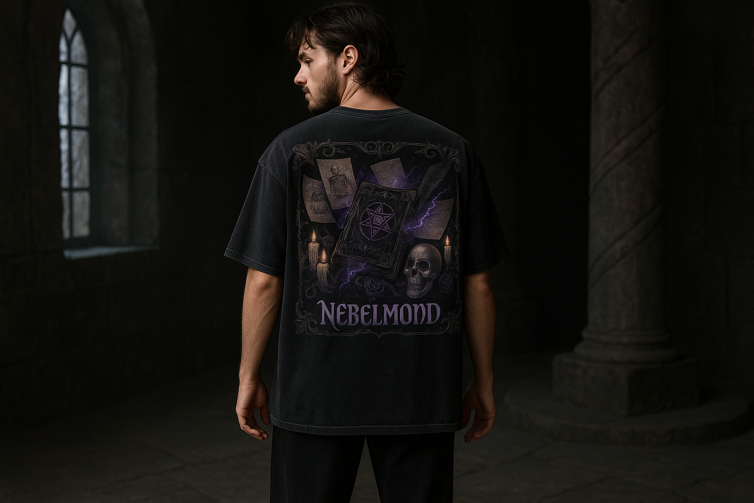 Mann Mockup Necromancer's Grimoire Oversized Shirt Washed Black