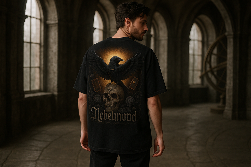 Mann Mockup Raven's Prophecy Oversized Shirt Black