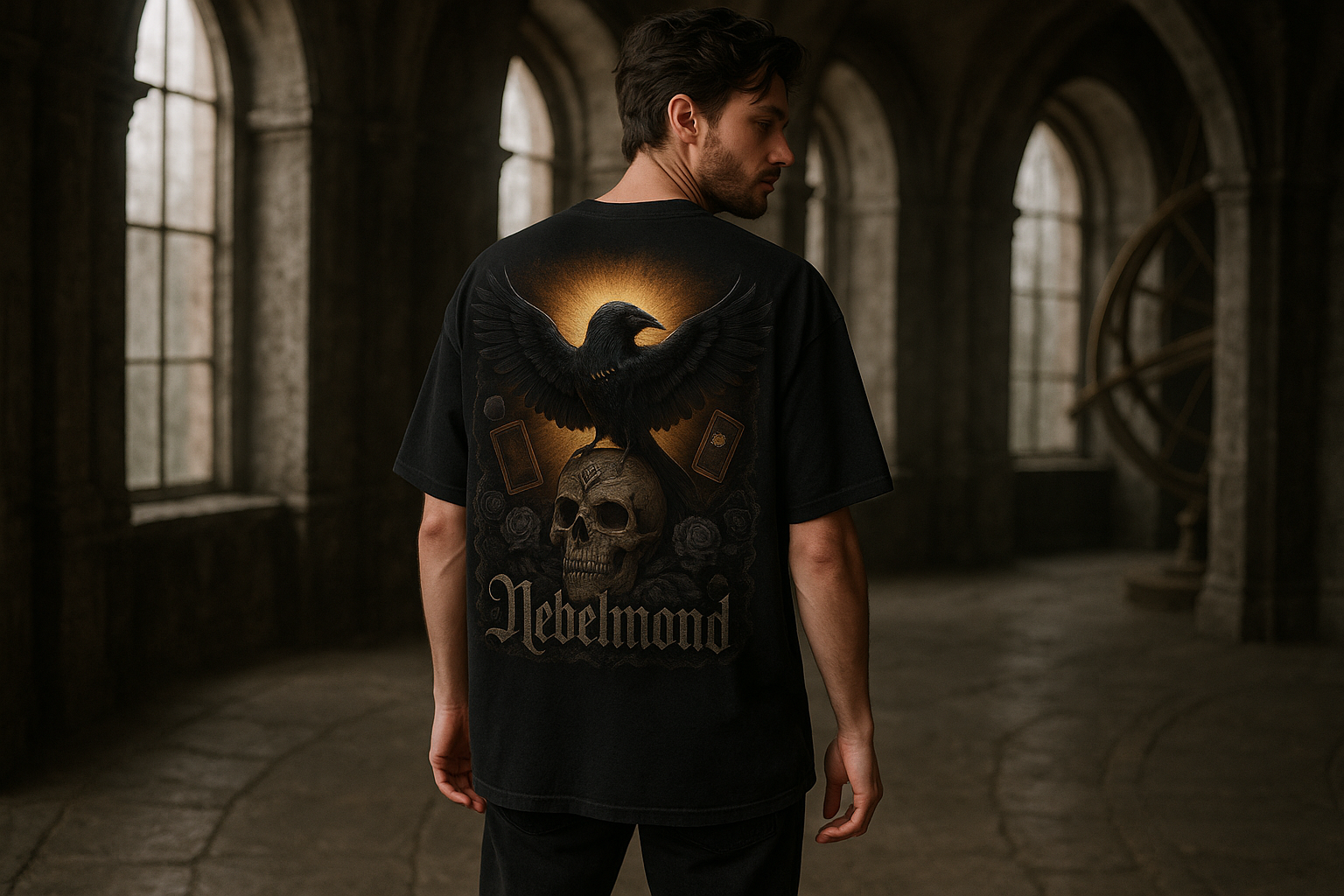 Mann Mockup Raven's Prophecy Oversized Shirt Black